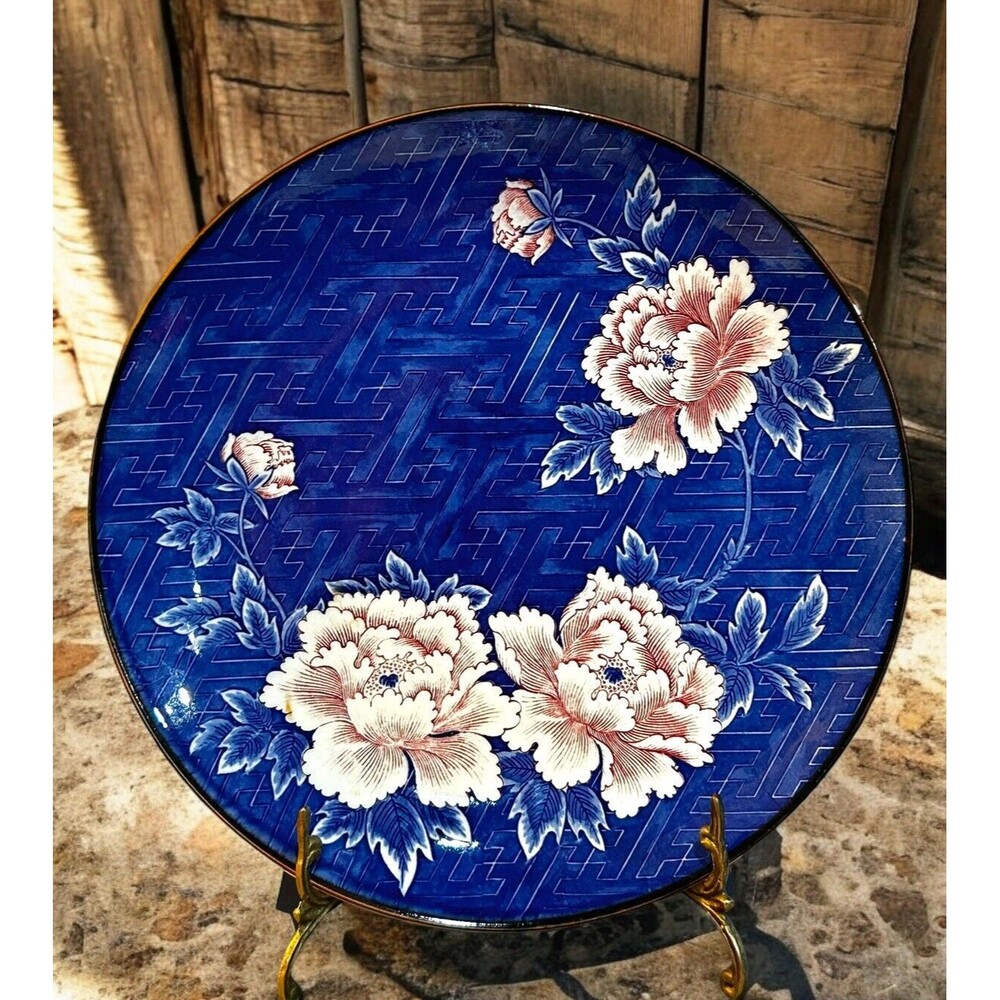 Vtg Toyo Japan Charger Plate Chrysanthemums Cobalt Blue Pink Grandmillennial